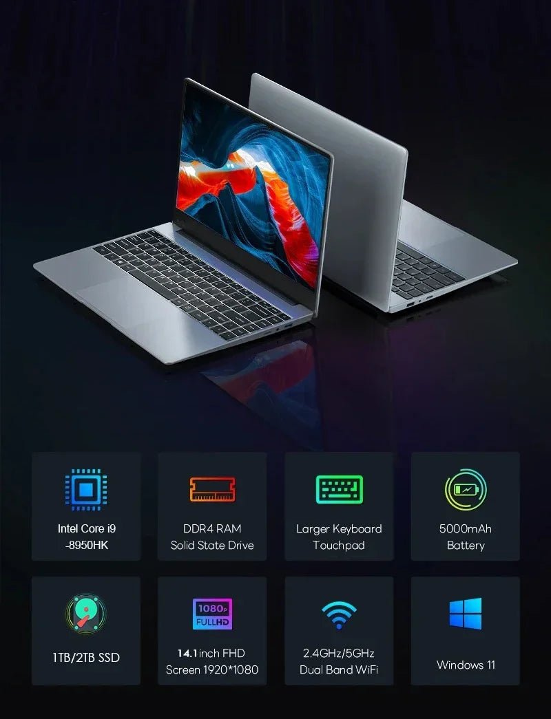 14.1” Gaming Laptop Windows 11 Intel Core i9 - 8950hk 16GB RAM 1/2TB M.2 SSD Laptops 4K HD Gaming laptop - Xlam
