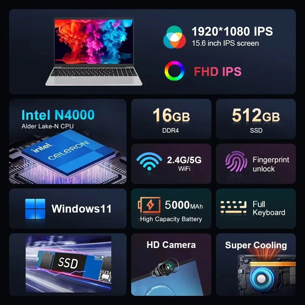 15.6 inch Laptop Computer Intel Celeron N4000 Notebook PC Fingerprint Unlock Windows 11 Pro 16GB RAM 1TB SSD 1920*1080P Laptops - Xlam