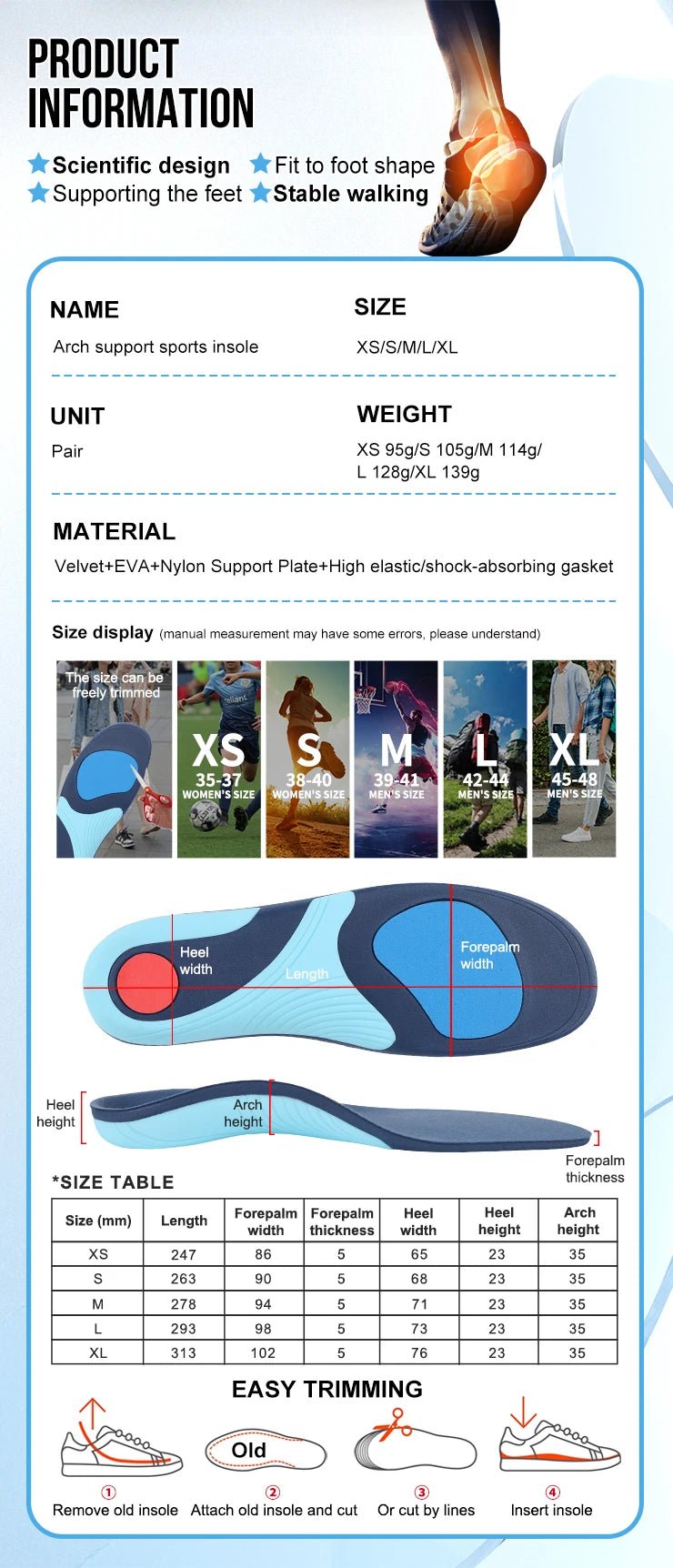 220+lbs Plantar Fasciitis Relief Insoles High Arch Support Absorb Shock Distribute Pressure Perfect for Work Boot Orthotics - Xlam