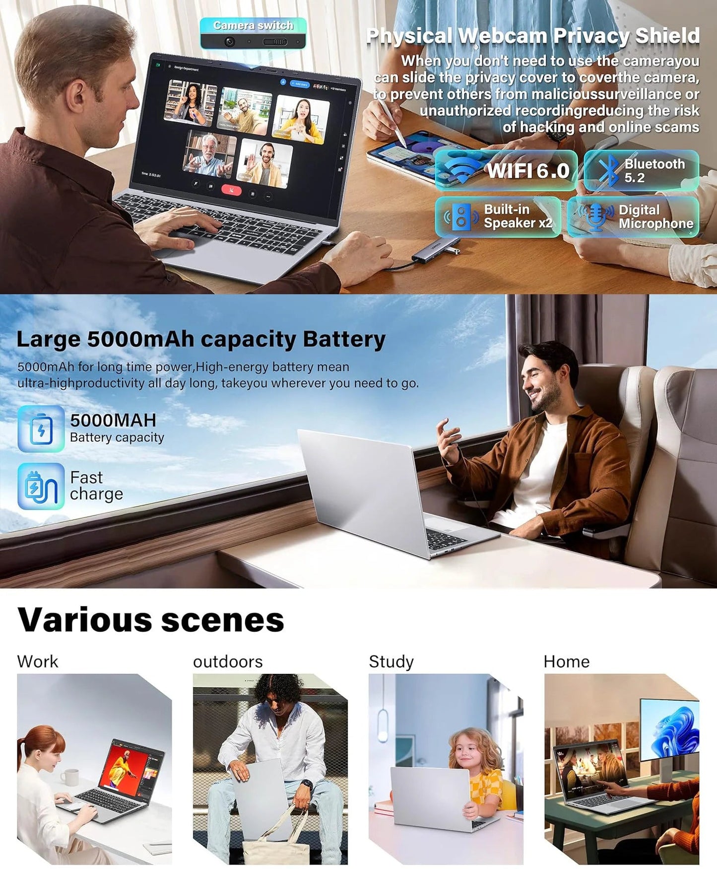 ACEKAMAS 17.3" Laptop Computer Windows 11 Pro Intel N5095 Fingerprint Office Laptops 16GB RAM 1TB SSD Portable Notebook PC Gamer - Xlam