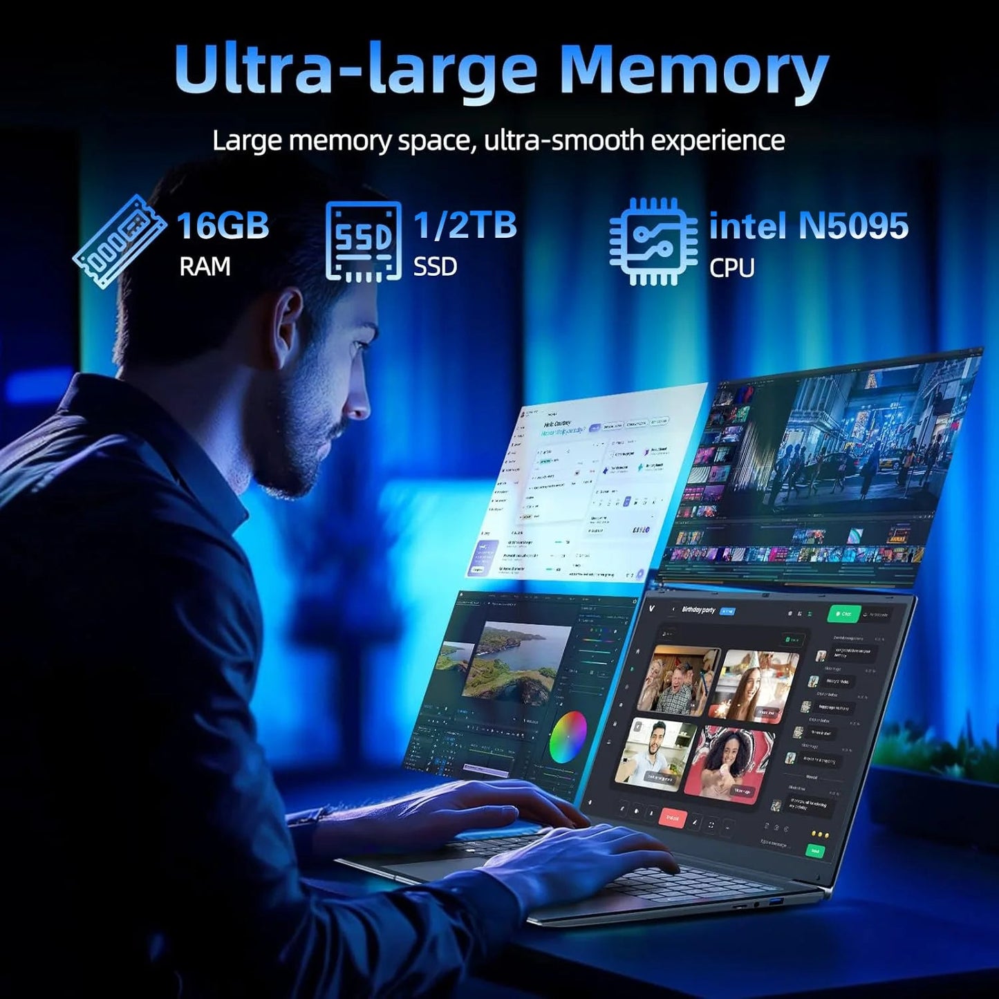 ACEKAMAS 17.3" Laptop Computer Windows 11 Pro Intel N5095 Fingerprint Office Laptops 16GB RAM 1TB SSD Portable Notebook PC Gamer - Xlam