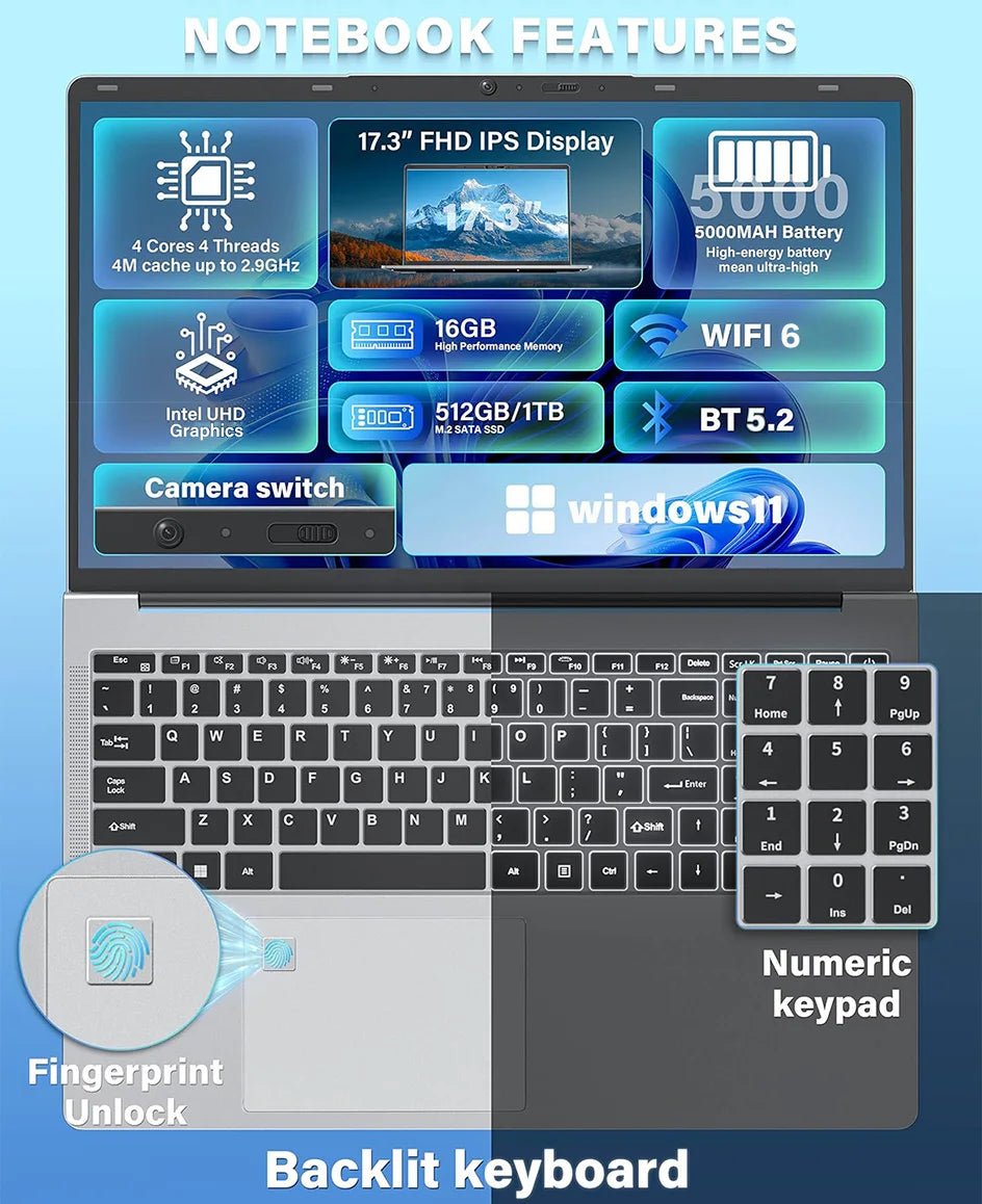 ACEKAMAS 17.3" Laptop Computer Windows 11 Pro Intel N5095 Fingerprint Office Laptops 16GB RAM 1TB SSD Portable Notebook PC Gamer - Xlam