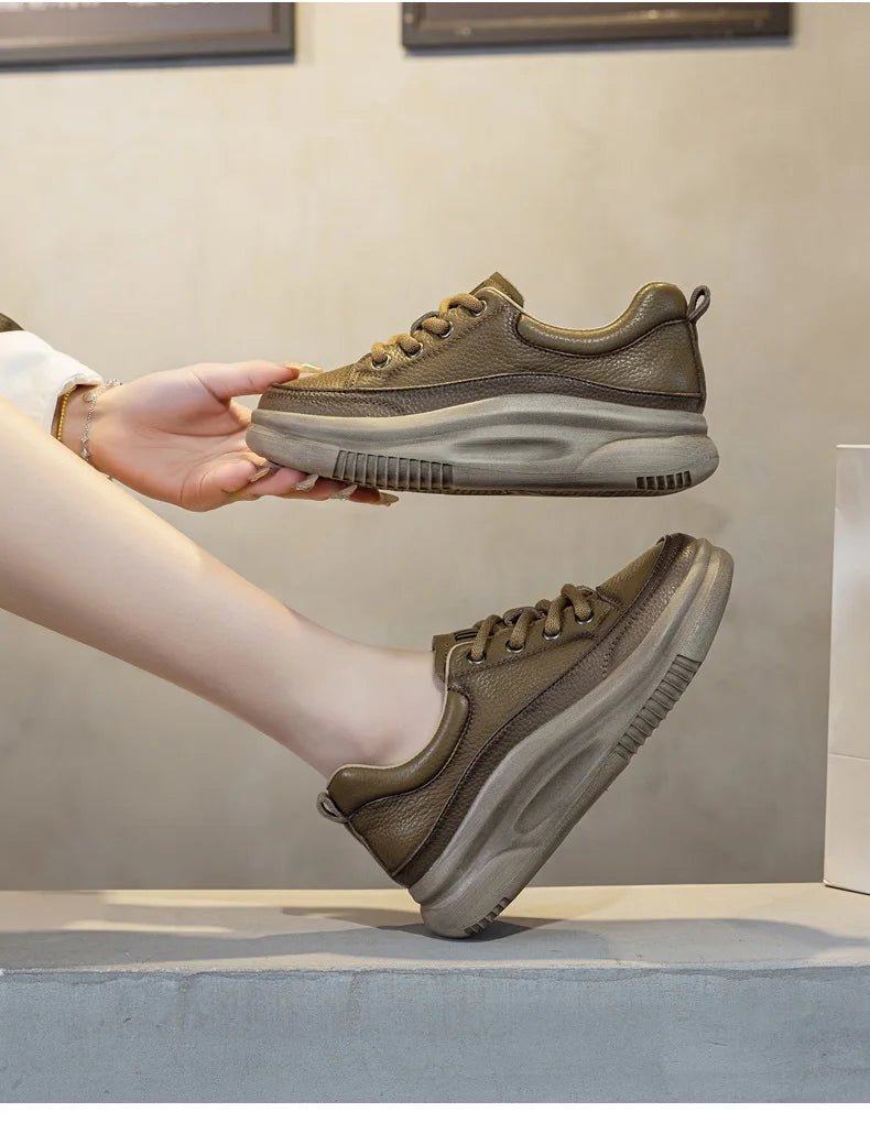 DRKANOL Fashion Women Thick Bottom Casual Sneakers Round Toe Genuine Cow Leather Chunky Platform Lace - Up Lightweight Shoes Lady - Xlam