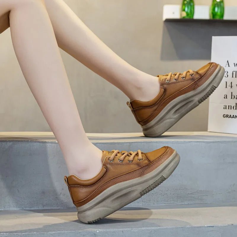 DRKANOL Fashion Women Thick Bottom Casual Sneakers Round Toe Genuine Cow Leather Chunky Platform Lace - Up Lightweight Shoes Lady - Xlam