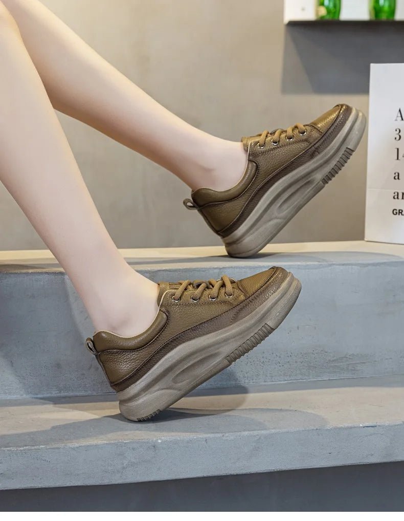 DRKANOL Fashion Women Thick Bottom Casual Sneakers Round Toe Genuine Cow Leather Chunky Platform Lace - Up Lightweight Shoes Lady - Xlam