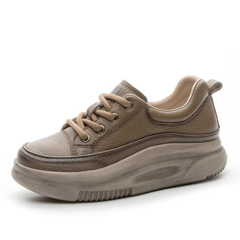 DRKANOL Fashion Women Thick Bottom Casual Sneakers Round Toe Genuine Cow Leather Chunky Platform Lace - Up Lightweight Shoes Lady - Xlam