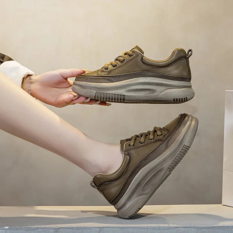 DRKANOL Fashion Women Thick Bottom Casual Sneakers Round Toe Genuine Cow Leather Chunky Platform Lace - Up Lightweight Shoes Lady - Xlam