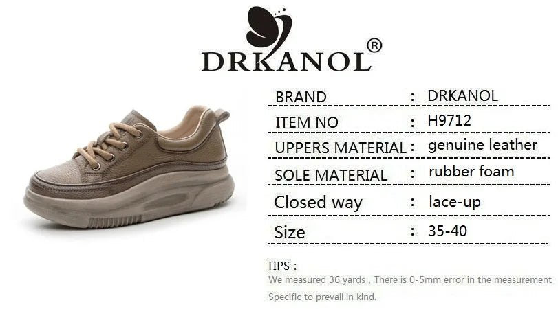 DRKANOL Fashion Women Thick Bottom Casual Sneakers Round Toe Genuine Cow Leather Chunky Platform Lace - Up Lightweight Shoes Lady - Xlam