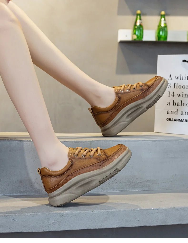 DRKANOL Fashion Women Thick Bottom Casual Sneakers Round Toe Genuine Cow Leather Chunky Platform Lace - Up Lightweight Shoes Lady - Xlam