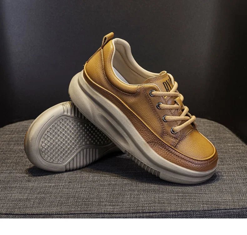 DRKANOL Fashion Women Thick Bottom Casual Sneakers Round Toe Genuine Cow Leather Chunky Platform Lace - Up Lightweight Shoes Lady - Xlam