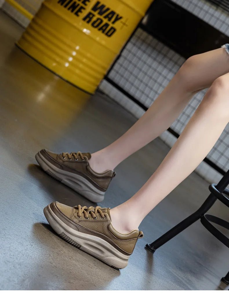 DRKANOL Fashion Women Thick Bottom Casual Sneakers Round Toe Genuine Cow Leather Chunky Platform Lace - Up Lightweight Shoes Lady - Xlam