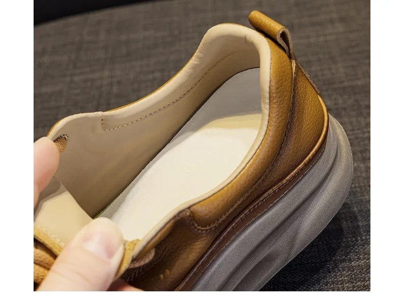 DRKANOL Fashion Women Thick Bottom Casual Sneakers Round Toe Genuine Cow Leather Chunky Platform Lace - Up Lightweight Shoes Lady - Xlam