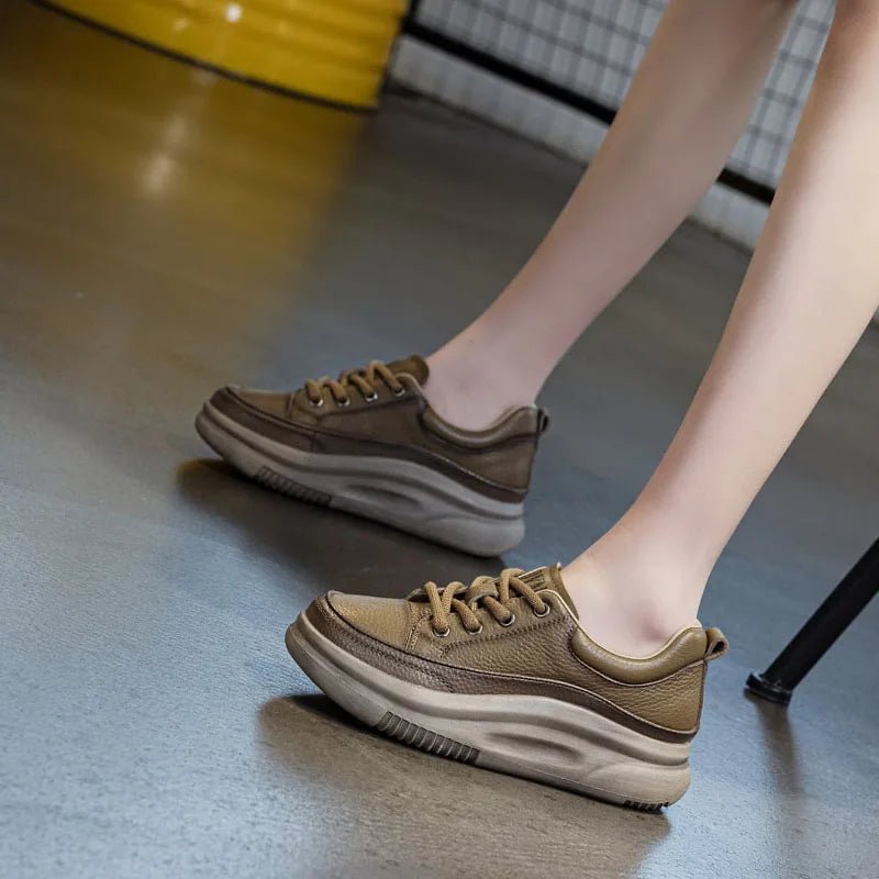 DRKANOL Fashion Women Thick Bottom Casual Sneakers Round Toe Genuine Cow Leather Chunky Platform Lace - Up Lightweight Shoes Lady - Xlam