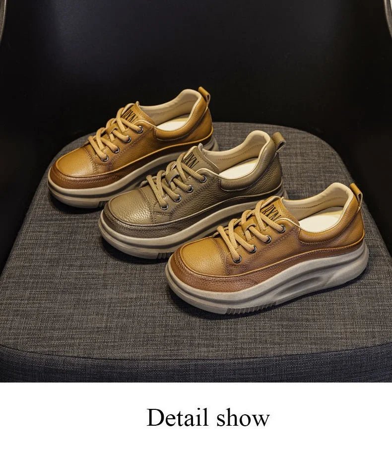DRKANOL Fashion Women Thick Bottom Casual Sneakers Round Toe Genuine Cow Leather Chunky Platform Lace - Up Lightweight Shoes Lady - Xlam