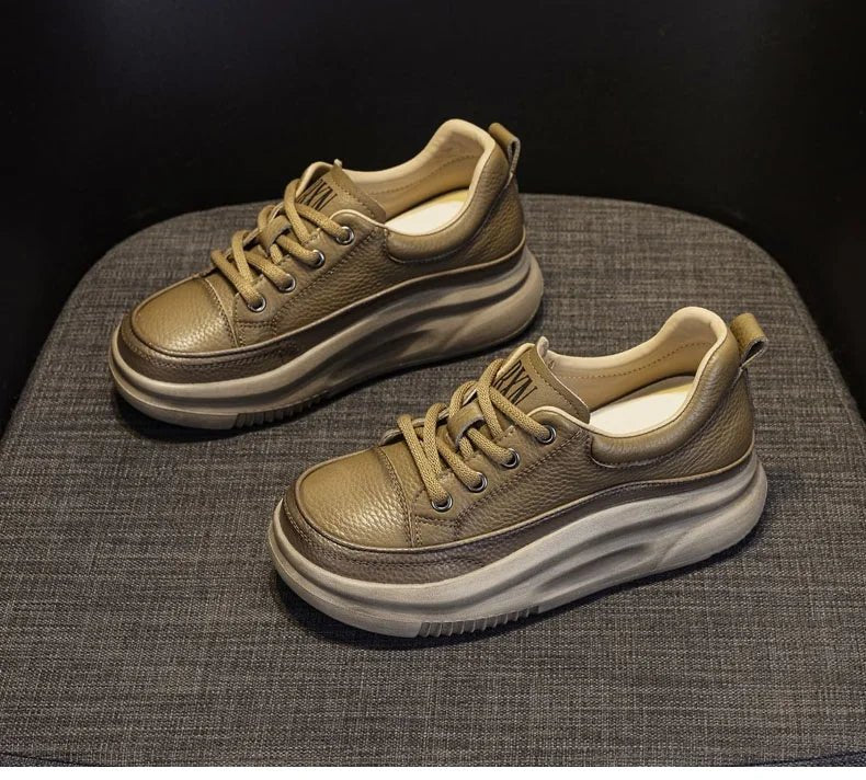 DRKANOL Fashion Women Thick Bottom Casual Sneakers Round Toe Genuine Cow Leather Chunky Platform Lace - Up Lightweight Shoes Lady - Xlam