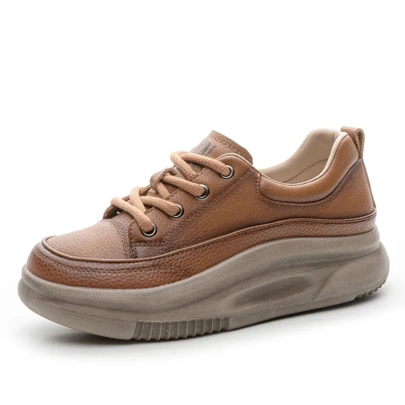 DRKANOL Fashion Women Thick Bottom Casual Sneakers Round Toe Genuine Cow Leather Chunky Platform Lace - Up Lightweight Shoes Lady - Xlam