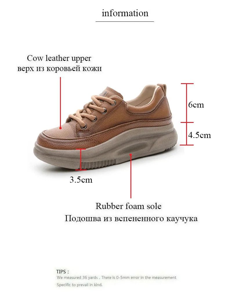 DRKANOL Fashion Women Thick Bottom Casual Sneakers Round Toe Genuine Cow Leather Chunky Platform Lace - Up Lightweight Shoes Lady - Xlam