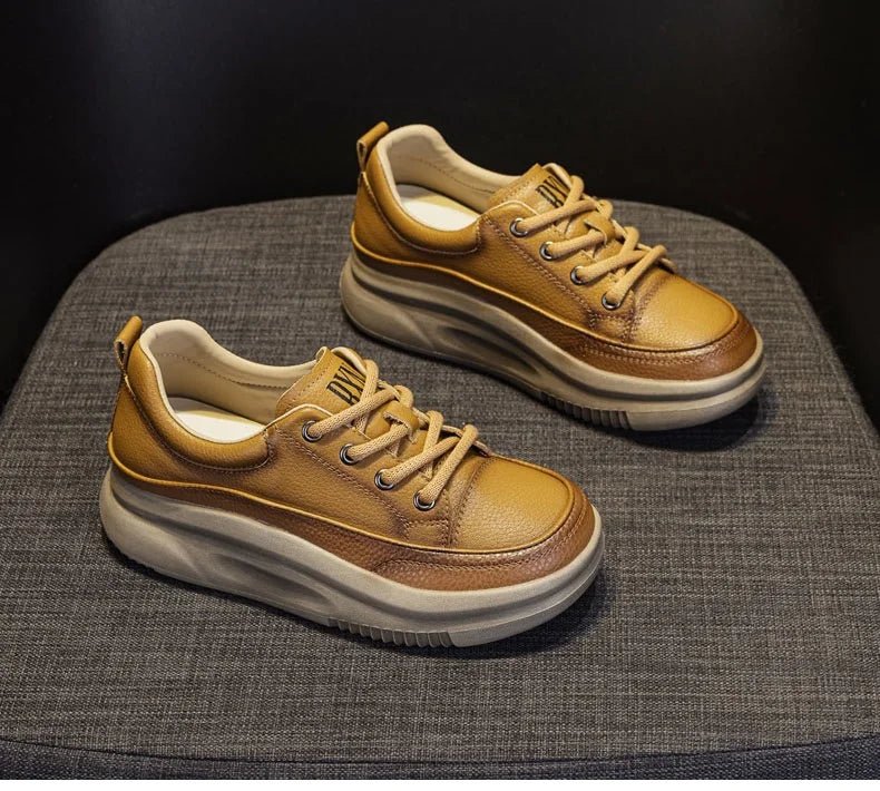 DRKANOL Fashion Women Thick Bottom Casual Sneakers Round Toe Genuine Cow Leather Chunky Platform Lace - Up Lightweight Shoes Lady - Xlam