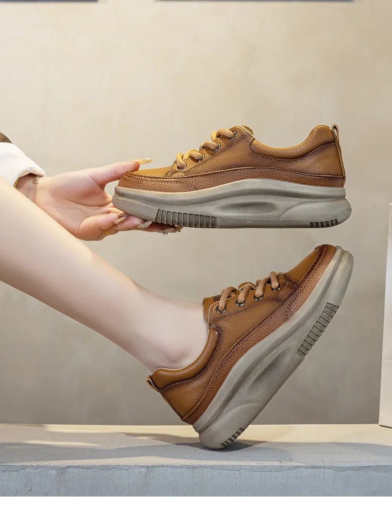 DRKANOL Fashion Women Thick Bottom Casual Sneakers Round Toe Genuine Cow Leather Chunky Platform Lace - Up Lightweight Shoes Lady - Xlam