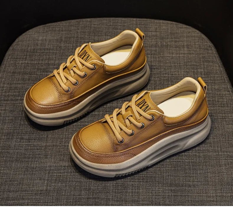 DRKANOL Fashion Women Thick Bottom Casual Sneakers Round Toe Genuine Cow Leather Chunky Platform Lace - Up Lightweight Shoes Lady - Xlam
