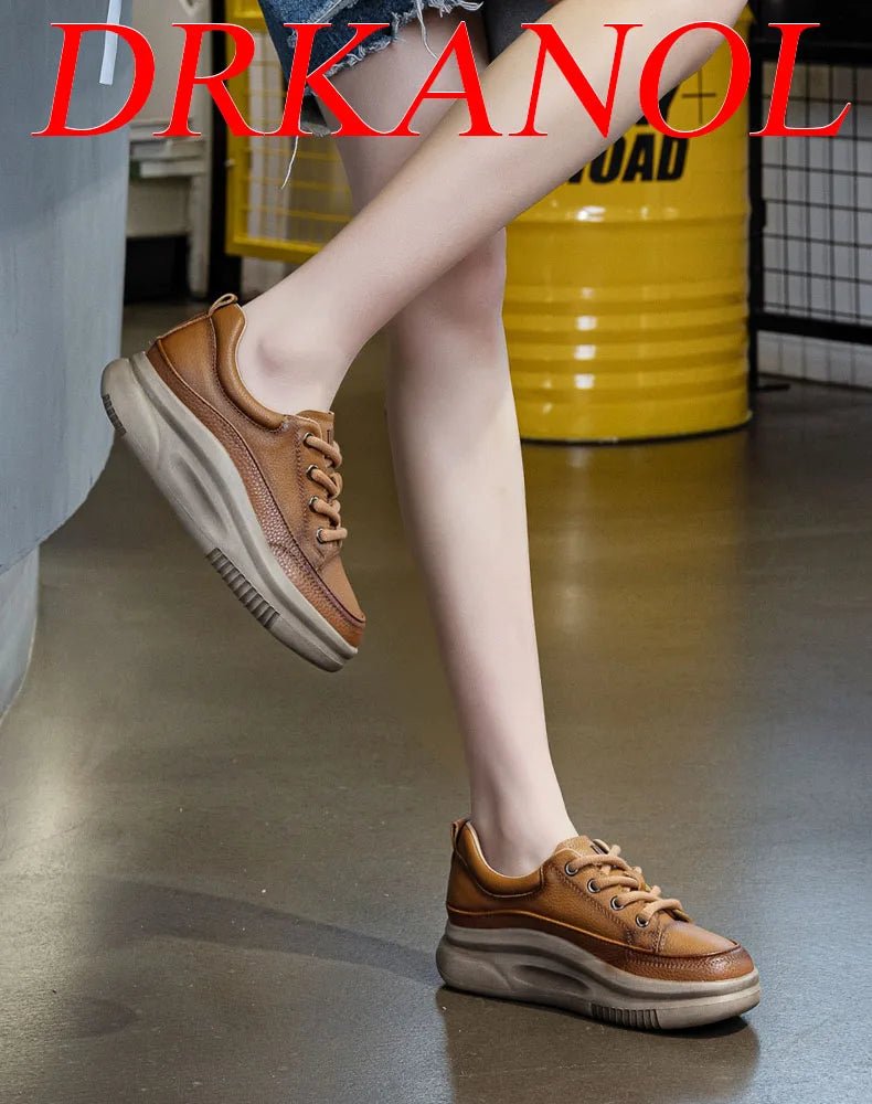 DRKANOL Fashion Women Thick Bottom Casual Sneakers Round Toe Genuine Cow Leather Chunky Platform Lace - Up Lightweight Shoes Lady - Xlam