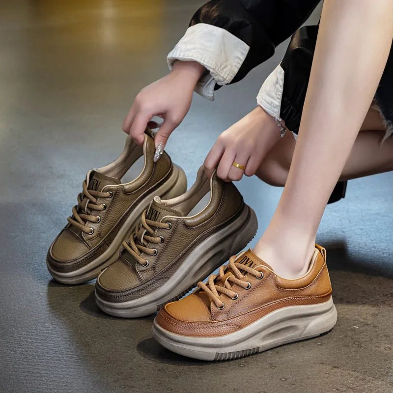DRKANOL Fashion Women Thick Bottom Casual Sneakers Round Toe Genuine Cow Leather Chunky Platform Lace - Up Lightweight Shoes Lady - Xlam