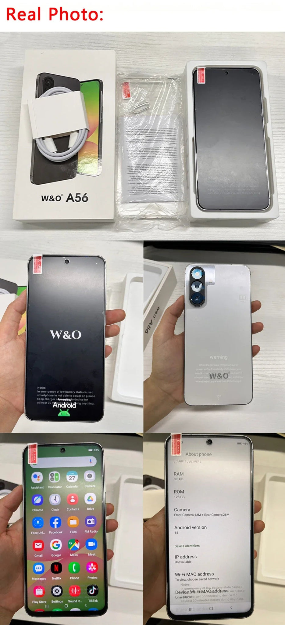 Global Version W&O A56 4G Smartphone Android 14 Dual SIM 6.7 Inch HD+ 8GB+128GB Mobile phone 5200mAh 26MP Camera Cellphone - Xlam