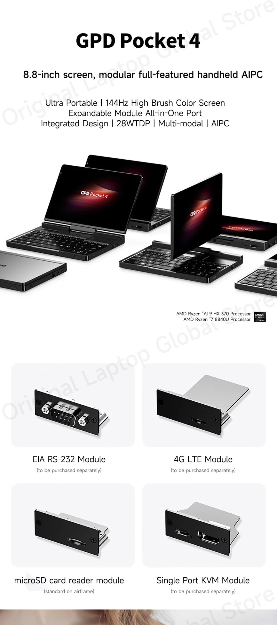 GPD Pocket 4 2025 AMD AI 9 HX 370 32GB/64GB RAM 2TB/4TB SSD 8.8 - inch 2.5K resolution 144 Hz refresh rate mini laptop - Xlam
