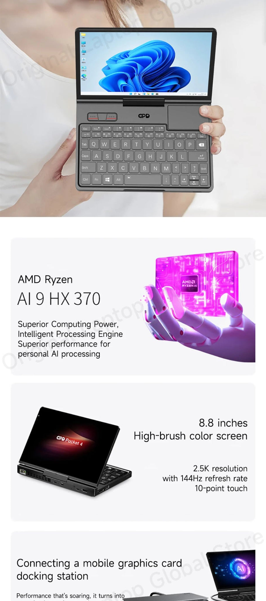 GPD Pocket 4 2025 AMD AI 9 HX 370 32GB/64GB RAM 2TB/4TB SSD 8.8 - inch 2.5K resolution 144 Hz refresh rate mini laptop - Xlam