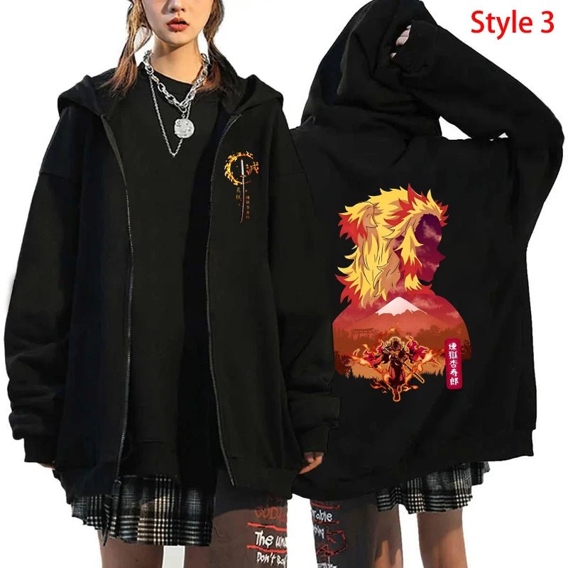 Hot Anime Rengoku Kyoujurou Printing Zipper Coat Clothes Fashion Loose Hoodie Men Women Sweatshirt Zipper Streetwear Hoodies - Xlam