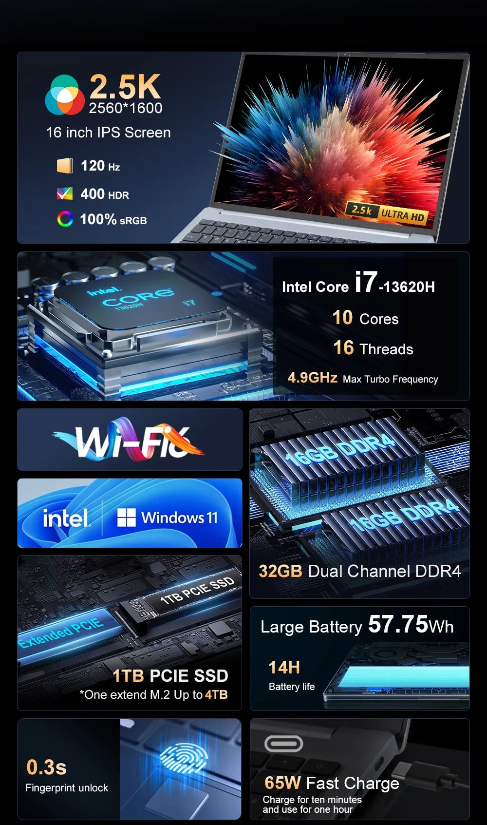 Laptop 16 inch 2.5K 120Hz Intel Core i7 - 13620H WiFi 6 32GB RAM 1TB SSD Laptop Windows 11 pro Notebook Office Computer - Xlam