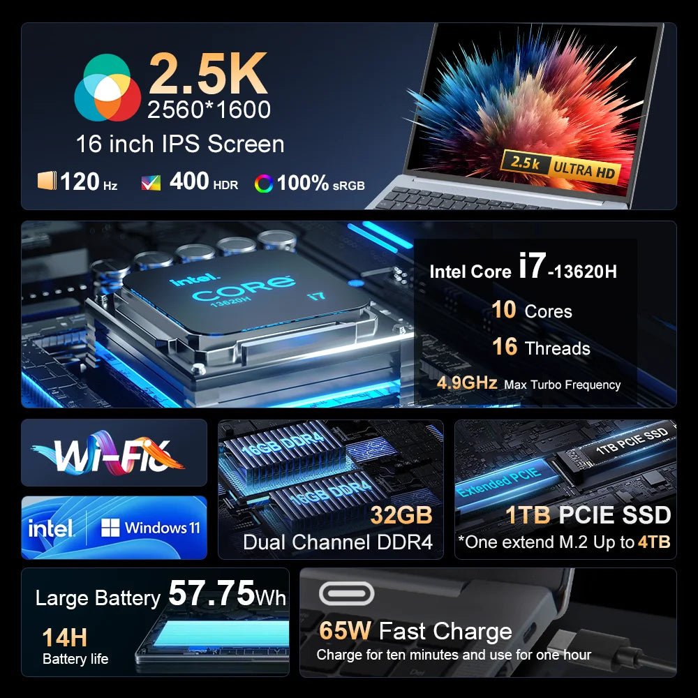 Laptop 16 inch 2.5K 120Hz Intel Core i7 - 13620H WiFi 6 32GB RAM 1TB SSD Laptop Windows 11 pro Notebook Office Computer - Xlam