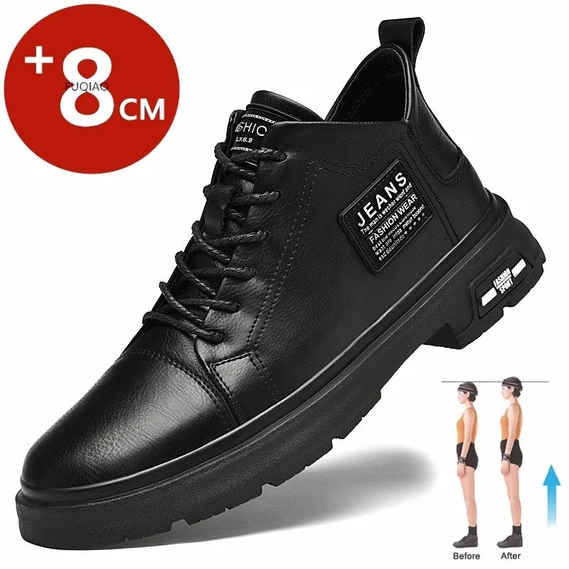 Men Genuine Leather Heightening Shoes Comfort Lace Up Casual Elevator Shoes Commerce Breathable Height Increase Insole 8CM Sport - Xlam