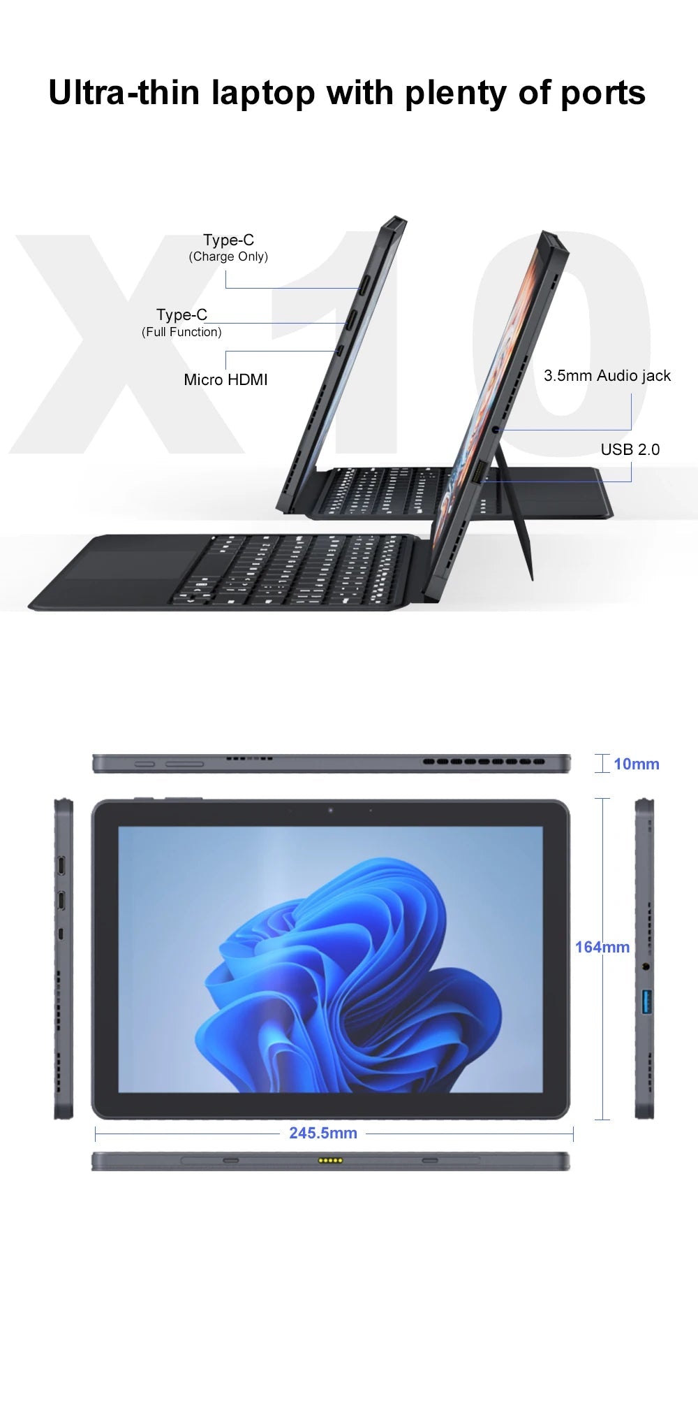 Ninkear X10 2 - in - 1 Laptop,10.1 - inch IPS Intel Core m3 - 8100Y 12GB RAM, 256GB SSD,Windows 11 Pogo Pin Magnetic Backlit Keyboard - Xlam