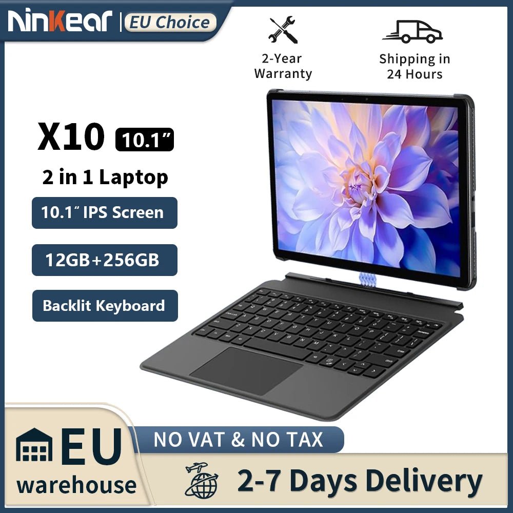 Ninkear X10 2 - in - 1 Laptop,10.1 - inch IPS Intel Core m3 - 8100Y 12GB RAM, 256GB SSD,Windows 11 Pogo Pin Magnetic Backlit Keyboard - Xlam