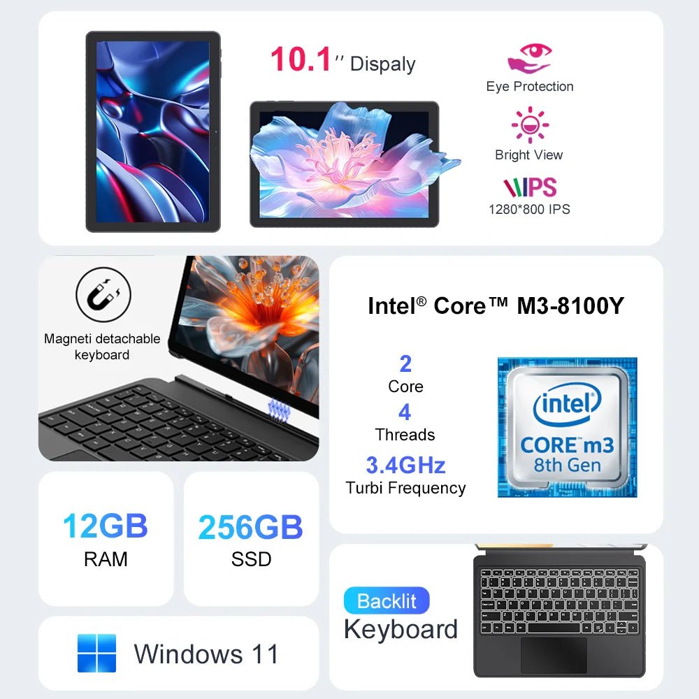 Ninkear X10 2 - in - 1 Laptop,10.1 - inch IPS Intel Core m3 - 8100Y 12GB RAM, 256GB SSD,Windows 11 Pogo Pin Magnetic Backlit Keyboard - Xlam