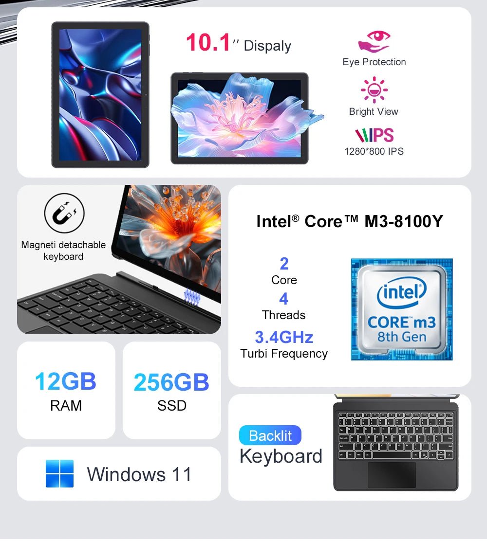 Ninkear X10 2 - in - 1 Laptop,10.1 - inch IPS Intel Core m3 - 8100Y 12GB RAM, 256GB SSD,Windows 11 Pogo Pin Magnetic Backlit Keyboard - Xlam