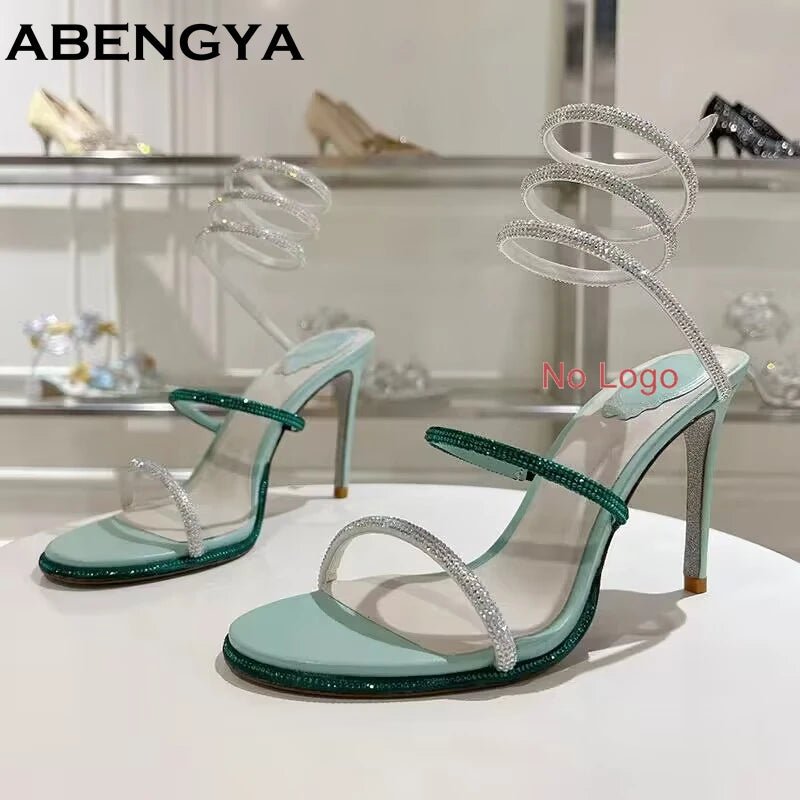Summer Crystal Bowknot High Heels Sandals Woman Twine Around Ankle Snake Wedding Shoes For Woman Runway Gladiator Sandals Women - Xlam