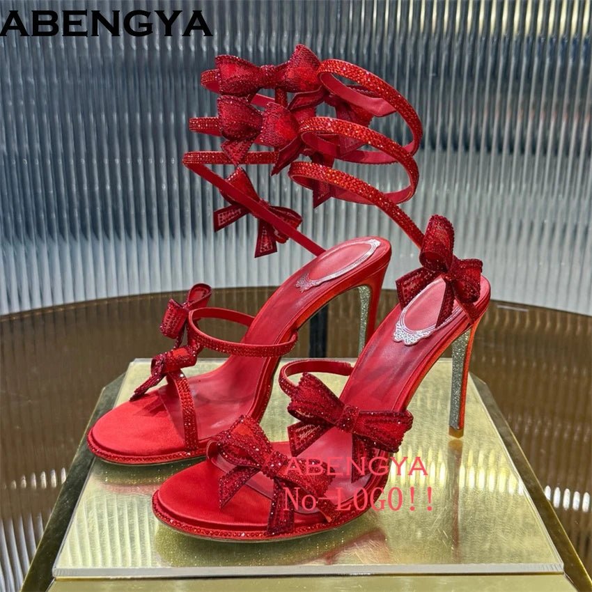 Summer Crystal Bowknot High Heels Sandals Woman Twine Around Ankle Snake Wedding Shoes For Woman Runway Gladiator Sandals Women - Xlam