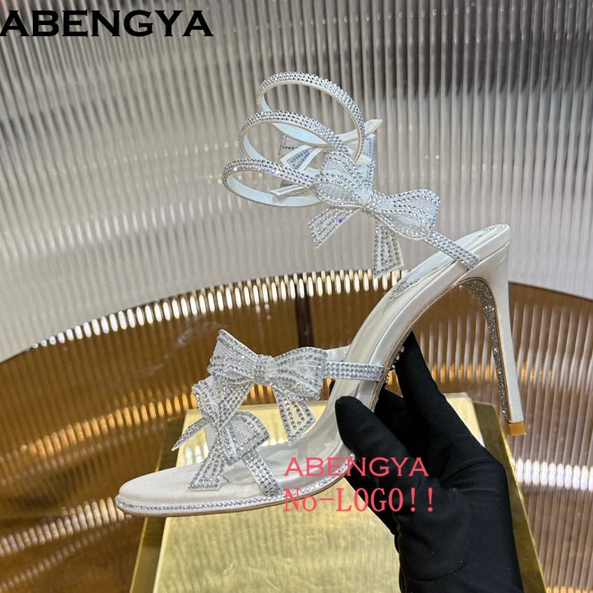 Summer Crystal Bowknot High Heels Sandals Woman Twine Around Ankle Snake Wedding Shoes For Woman Runway Gladiator Sandals Women - Xlam