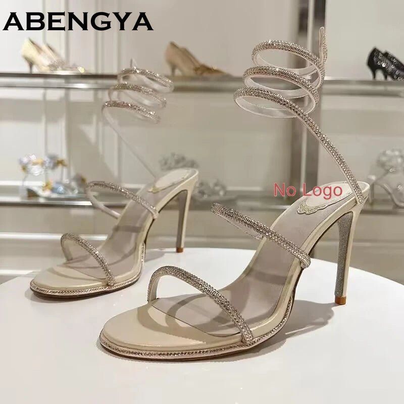 Summer Crystal Bowknot High Heels Sandals Woman Twine Around Ankle Snake Wedding Shoes For Woman Runway Gladiator Sandals Women - Xlam