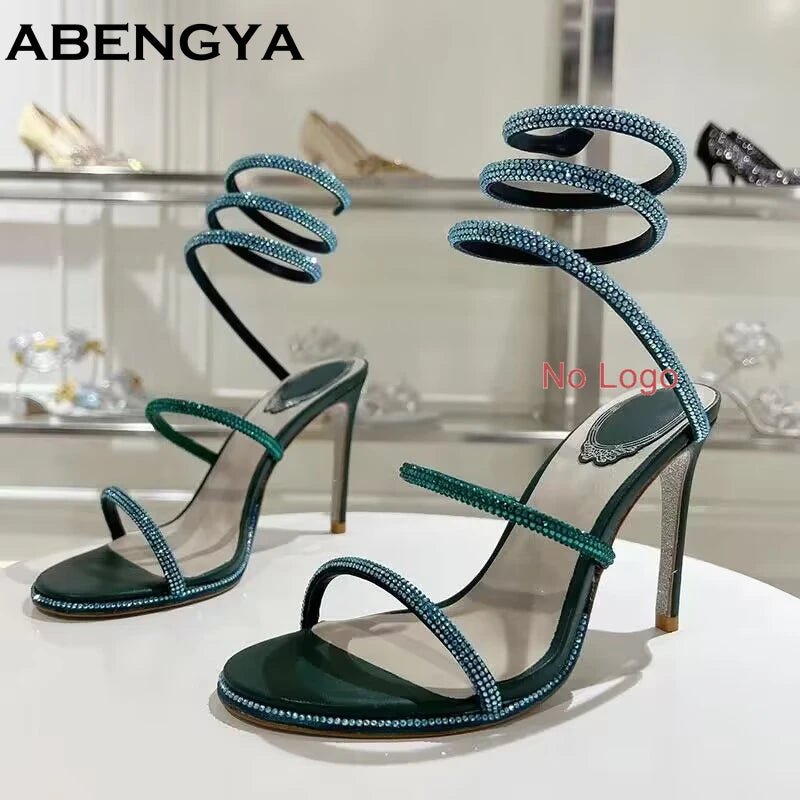 Summer Crystal Bowknot High Heels Sandals Woman Twine Around Ankle Snake Wedding Shoes For Woman Runway Gladiator Sandals Women - Xlam