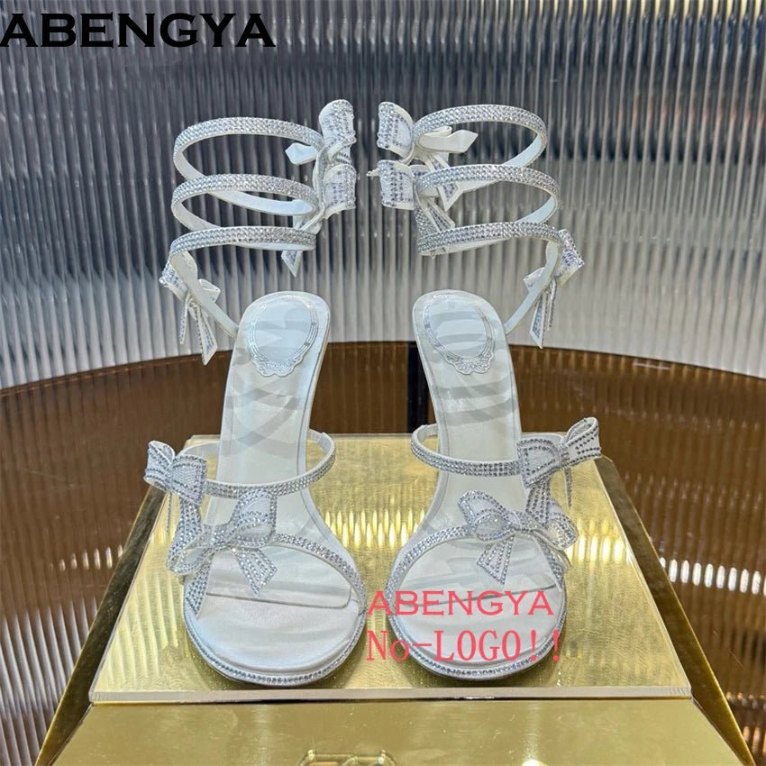Summer Crystal Bowknot High Heels Sandals Woman Twine Around Ankle Snake Wedding Shoes For Woman Runway Gladiator Sandals Women - Xlam