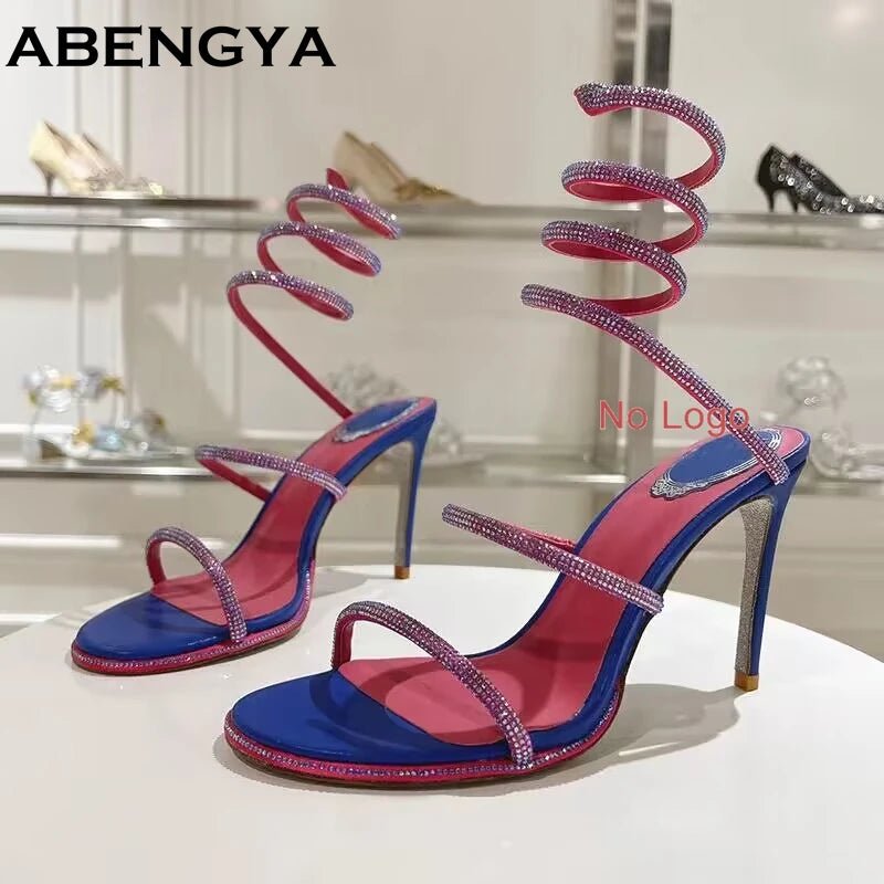 Summer Crystal Bowknot High Heels Sandals Woman Twine Around Ankle Snake Wedding Shoes For Woman Runway Gladiator Sandals Women - Xlam