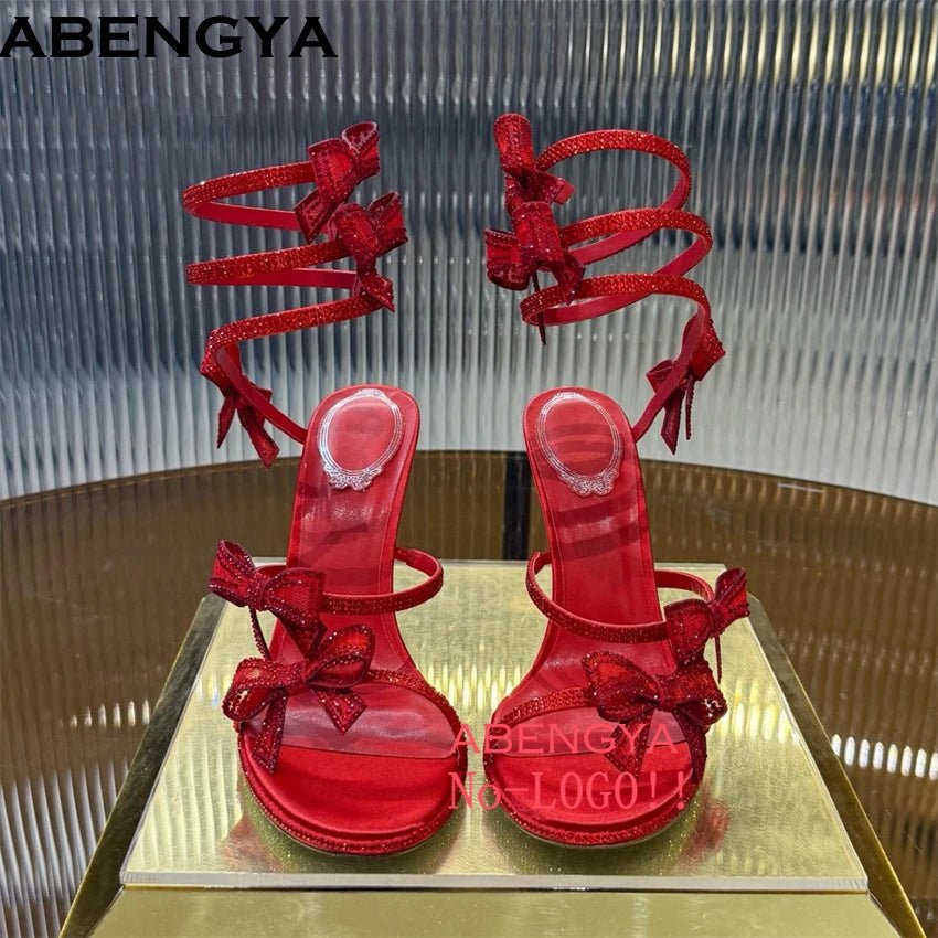 Summer Crystal Bowknot High Heels Sandals Woman Twine Around Ankle Snake Wedding Shoes For Woman Runway Gladiator Sandals Women - Xlam