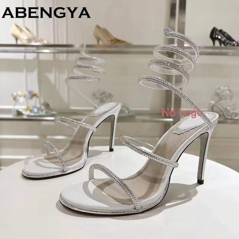Summer Crystal Bowknot High Heels Sandals Woman Twine Around Ankle Snake Wedding Shoes For Woman Runway Gladiator Sandals Women - Xlam