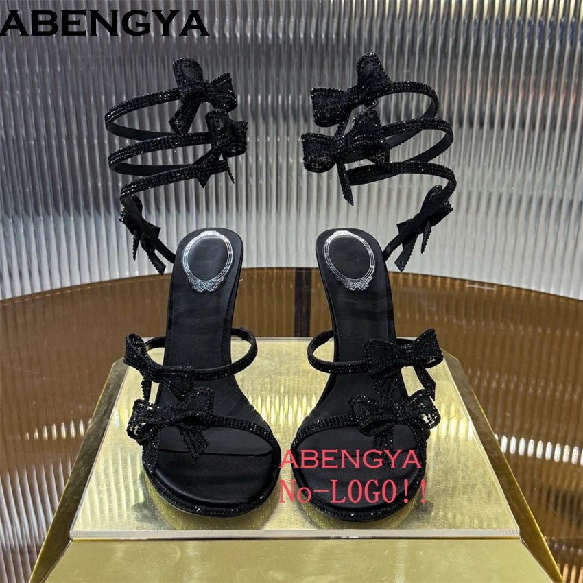 Summer Crystal Bowknot High Heels Sandals Woman Twine Around Ankle Snake Wedding Shoes For Woman Runway Gladiator Sandals Women - Xlam