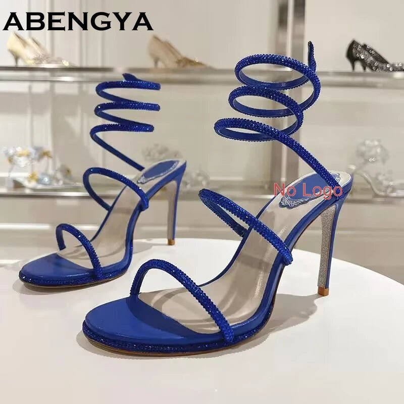 Summer Crystal Bowknot High Heels Sandals Woman Twine Around Ankle Snake Wedding Shoes For Woman Runway Gladiator Sandals Women - Xlam