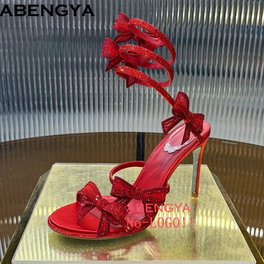 Summer Crystal Bowknot High Heels Sandals Woman Twine Around Ankle Snake Wedding Shoes For Woman Runway Gladiator Sandals Women - Xlam