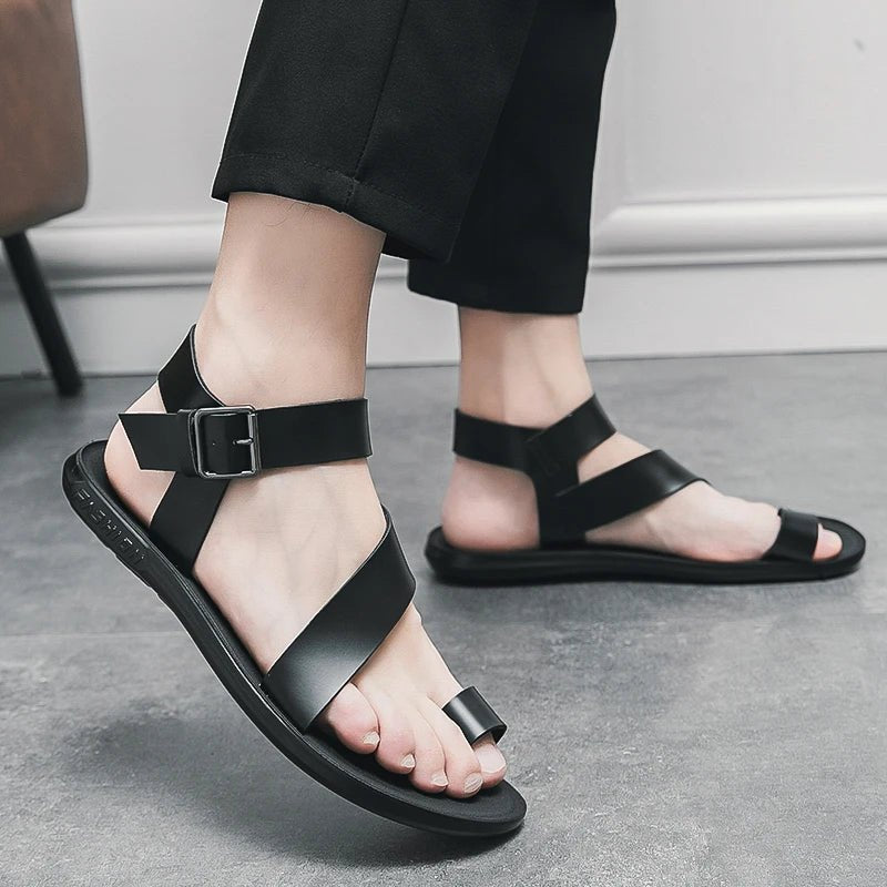 Summer New Men Gladiators Belt Buckle Leather Casual Shoes Breathable Beach Sandals Outdoor Slippers Black White Plus Size 38 - 45 - Xlam